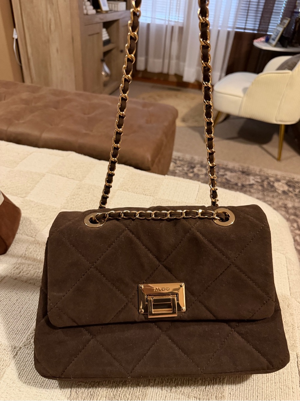 Aldo Dark Brown Quilted Suede Shoulder Bag with Gold Chain